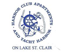 A logo for Harbor Club Apartments and Yacht Harbor on Lake St. Clair.